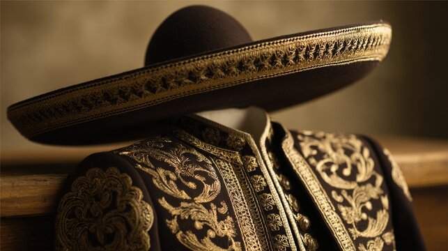 charro. A lavish Charro suit with gold embroidery, jacket, trousers, and sombrero. event programs, museum guides, designed for cultural heritage projects and event programs, preserves heritage.
