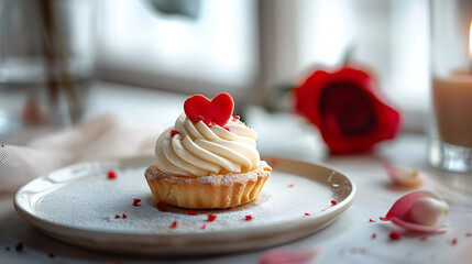 Delightful cupcake with soft cream and heart decoration, perfect for Valentine Day