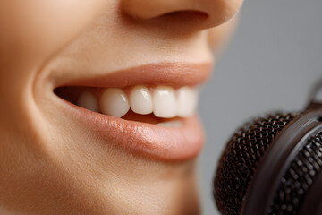 Smiling woman with white teeth speaking.