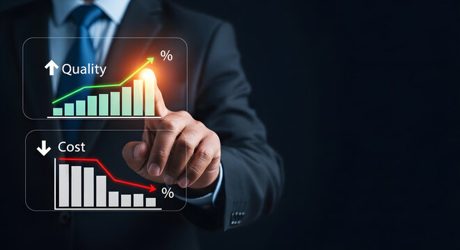 Businessman touching screen showing increase cost decrease graphs