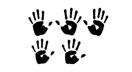 Obraz premium Five Black Handprints in a Row on a White Background, Symbolizing Unity and Teamwork
