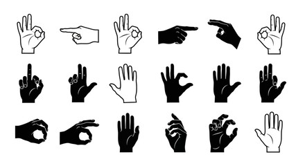 Obraz premium Collection of Diverse Hand Gestures and Symbols in Outline and Silhouette Style