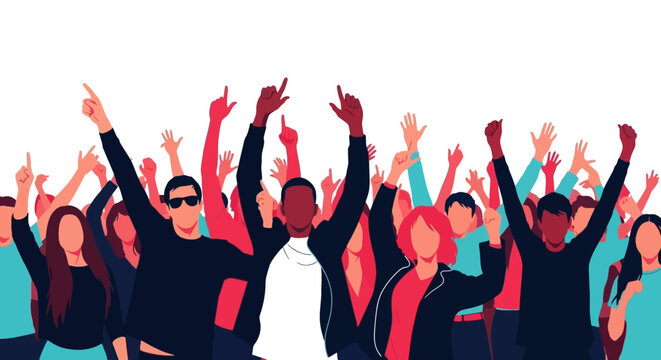 Diverse Group of People Cheering and Celebrating with Hands Raised in Excitement