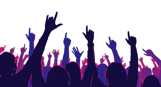 Excited Crowd Raising Hands Silhouette at Concert or Festival, Party Atmosphere