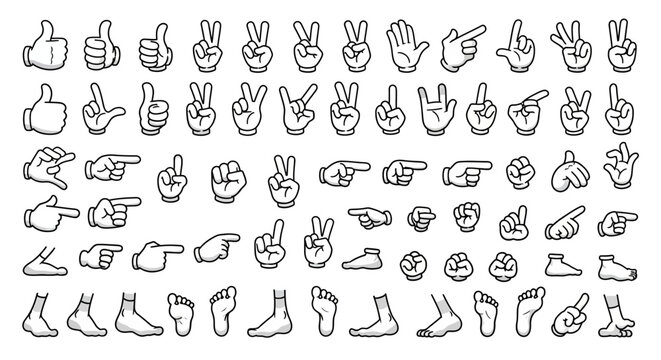 Collection of Cartoon Hand Gestures and Feet Poses on White Background