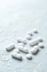 White oval and round tablets scattered on a light blue textured surface. Some pills have a scored line down the middle, suggesting dosage division. This offers a clean, simple view of medication.