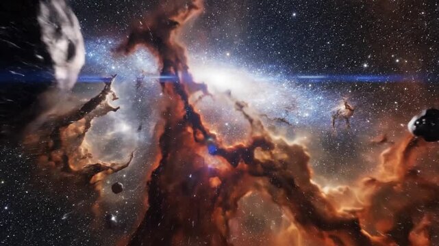 Sci-fi galaxy background with continuous camera movement through nebula gas and starlight, depth and parallax effect, immersive space travel concept