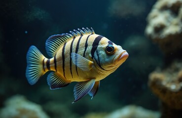 Fototapeta premium Yellow fish with black stripes swims underwater in dark ocean depths. A marine creature with large eyes explores coral reef environment. Aquatic life portrait in aquarium.