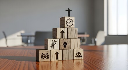 Wooden Blocks with Teamwork and Leadership Icons Representing Corporate Culture and Business Strategy