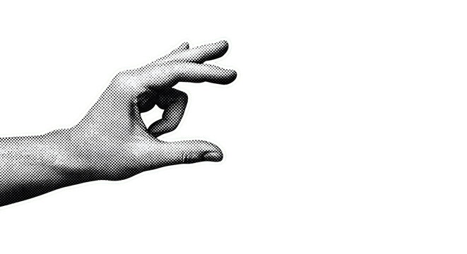 Vintage halftone drawing of hand holding small invisible object with index and thumb