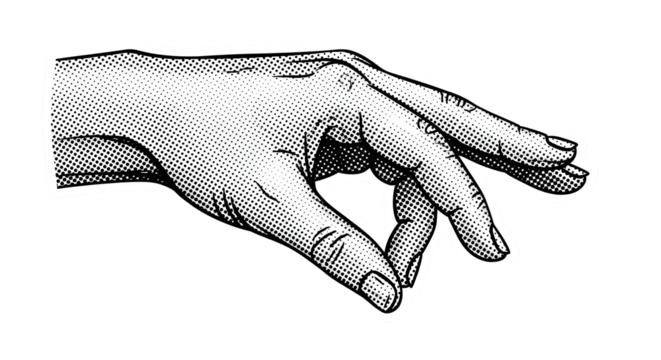Retro halftone illustration of hand reaching down with picking gesture and fingers extended - Powered by Adobe