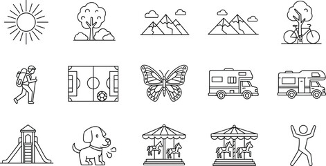 Outdoor Activity and Nature Line Icons Featuring Camping, Hiking, Parks, Travel, Sports, Wildlife, and Summer Vacation Elements for Adventure and Recreation Design. © Tanjimul