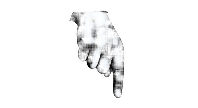 Index finger pointing down in vintage halftone style, signifying direction or decision on transparent background