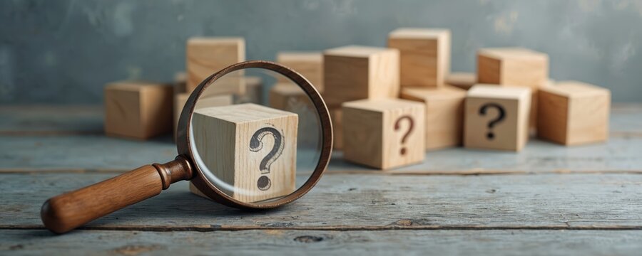 Wooden blocks with question marks examined using a magnifying glass. Concept of problem identification and root cause analysis for finding solutions. Investigation and research theme.