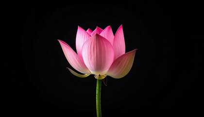 Pink lotus flower in full bloom against a stark black background