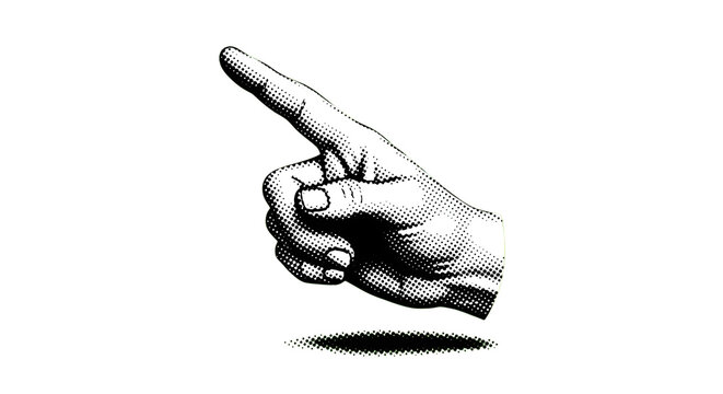 Vintage halftone hand pointing upward at an angle on checkered background graphic illustration