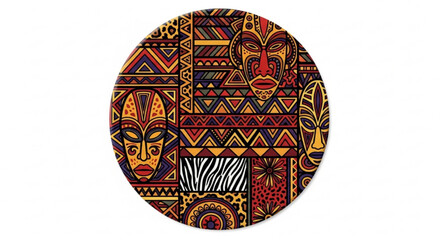 Vibrant african tribal pattern with masks and geometric shapes on circular background