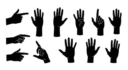 Fototapeta premium Collection of Black Hand Gestures and Silhouettes Showing Numbers and Direction
