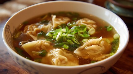 Delicious steaming wonton soup, garnished with fresh green onions, offers a comforting.