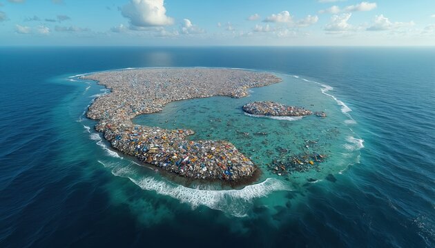 Massive island of plastic junk floats in ocean. This huge garbage patch pollutes blue sea water and harms marine life. Environmental disaster threatens planet earth.