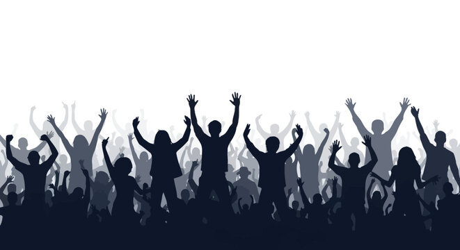 Silhouettes of a Diverse Crowd Cheering and Celebrating with Arms Raised Up