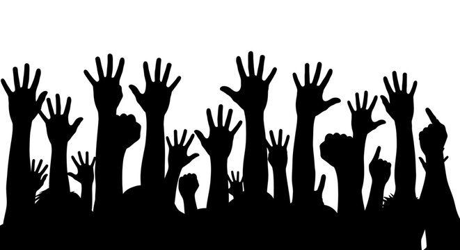 Many raised hands in a crowd, symbolizing support, unity, and voting or asking questions.