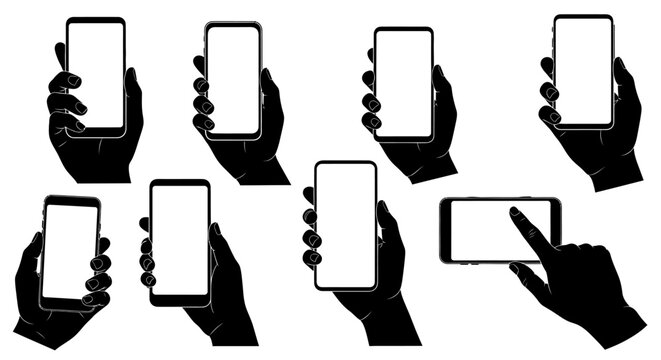 Collection of Silhouette Hands Holding Modern Smartphones in Vertical and Horizontal Orientation
