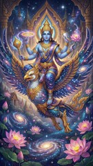 Fototapeta premium authentic human lifestyle concept Cosmic Lord Vishnu riding his divine mount Garuda through a celestial galaxy of stars and sacred lotus flowers, an epic illustration of Hindu mythology. modern commer