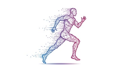 Geometric human figure running, composed of connecting dots and vibrant gradients