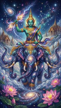 authentic human lifestyle concept Cosmic Hindu God Indra riding the three-headed elephant Airavata through a celestial galaxy with temples and lotus flowers. modern commercial stock usage