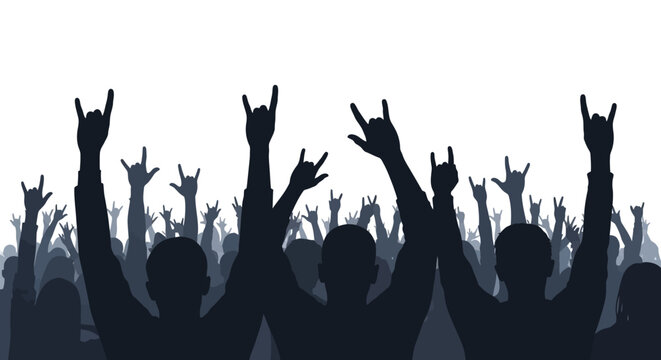 Excited Crowd Cheering and Raising Hands with Rock and Roll Gesture Silhouette