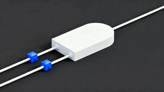 Minimalist 3D isometric static image of an industrial circuit breaker switch in the 'ON' (closed flat) position. A continuous line of small solid blue polygonal spheres (normal flow) is passing direct