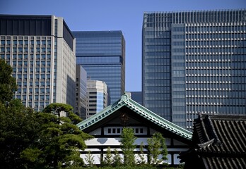 Fototapeta premium Cityscape with scenic view of modern solemn style skyscrapers and Hibiya Shrine along the inner moat of Hibiya-dori Avenue in Marunouchi Chiyoda, Tokyo Japan.
