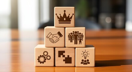 Wooden Blocks with Teamwork and Leadership Icons Representing Corporate Culture