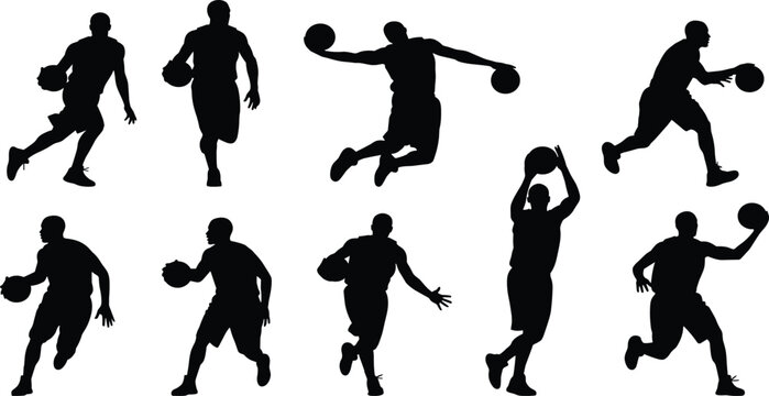 Basketball player silhouettes in dynamic poses with ball, showing dribbling, shooting, and jumping for sports design, technique illustration, and motion analysis.