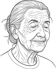 Fototapeta premium Expressive Line Drawing Portrait of an Elderly Woman with Eyes Closed