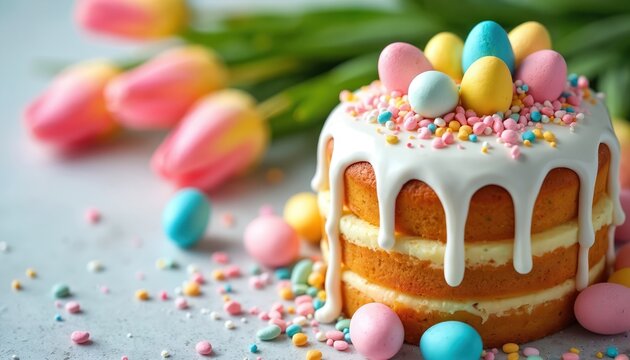 Festive Easter cake with pastel icing and colorful eggs. Fresh tulips and sprinkles adorn this sweet dessert, perfect for spring holiday celebrations and baking inspiration.