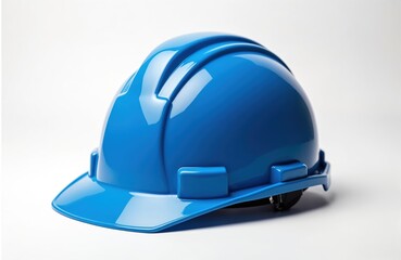 Blue construction helmet rests on clean white backdrop. Protective headgear for workers safety at building sites. Essential equipment for job.