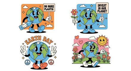 Fototapeta premium Groovy Earth Characters Promote Environmental Awareness and Earth Day Celebrations