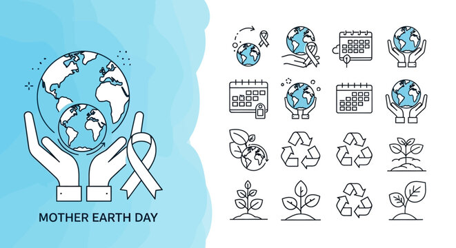 Mother Earth Day Celebration with Earth Icons, Hands, and Recycling Symbols