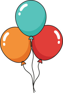 Set of three colorful flying balloons in teal orange and red with shiny reflections for birthday parties and festive celebrations.