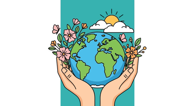 Hands Gently Hold Planet Earth Surrounded by Blooming Flowers and Sunny Sky