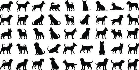 Fototapeta premium Grid of 40 black dog silhouettes in various poses and breeds, showcasing diversity, canine profiles, pet design, and vector illustration style.