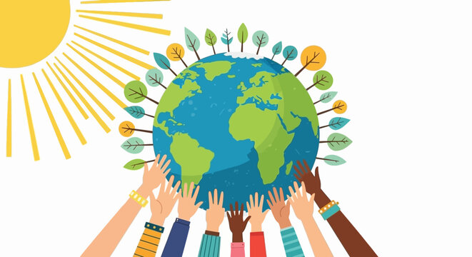 Diverse Hands Reaching Up To Protect Earth Surrounded by Trees and Sun Rays
