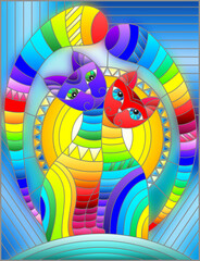 Stained glass window style illustration with abstract cute cats