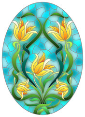An illustration in stained glass style flower of pink lily on a blue background ,oval image