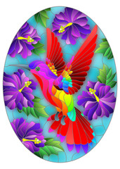 An ilustration in stained glass style with a bright Hummingbird bird on the background of the sky and flowers