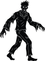 Spooky Zombie Silhouette Vector Illustration Featuring a Creepy Undead Character with Ragged Clothes and Glowing Eyes for Halloween Horror Projects, Posters, and Dark Graphics