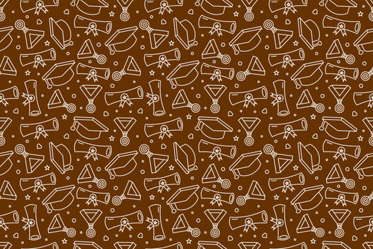 Graduation theme pattern background. Seamless graduation attributes doodle pattern. Graduation supplies icon. Set of graduation atttibutes icon.