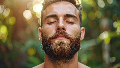 A serene man meditates outdoors with closed eyes